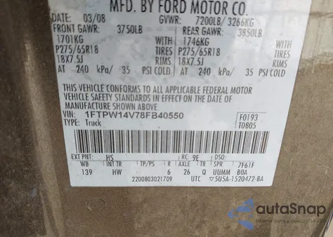 2008 Ford F-150 Lariat from USA, damaged, VIN 1FTPW14V78FB40550